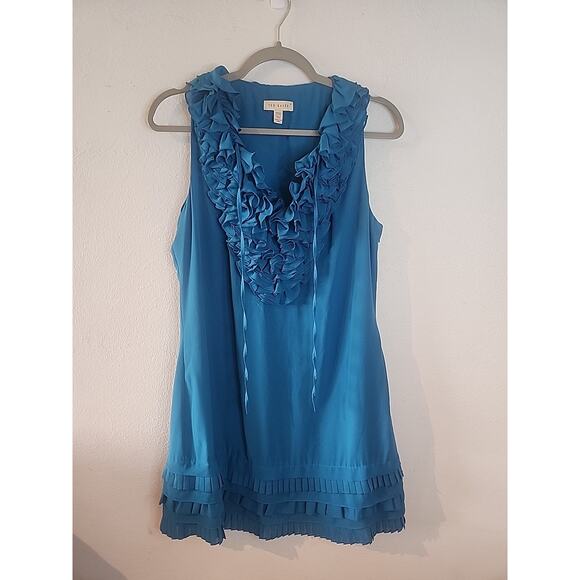 Ted Baker London Mini Poly Sheath Formal Cocktail Dress Blue Teal Ruffle Size 4 - Picture 1 of 6